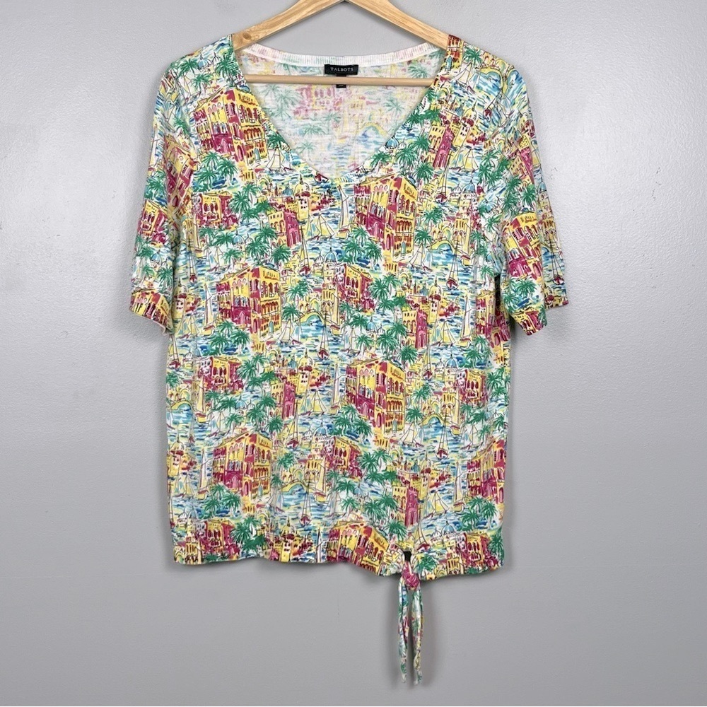 Talbots 100% cotton knit Streets of Santorini side tie tropical top, large.